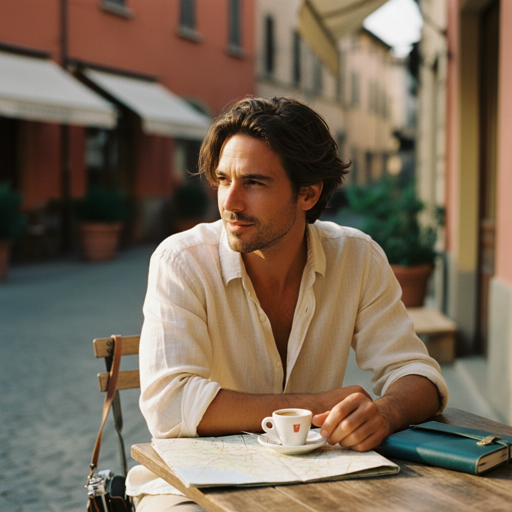 Traveler with a folded map at a sunlit café table