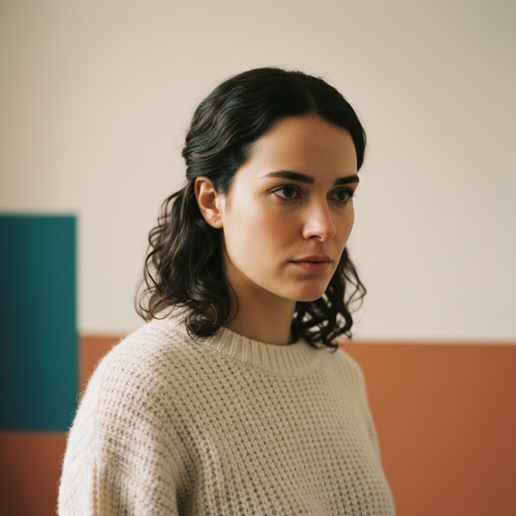 Focused traveler in a cream knit sweater