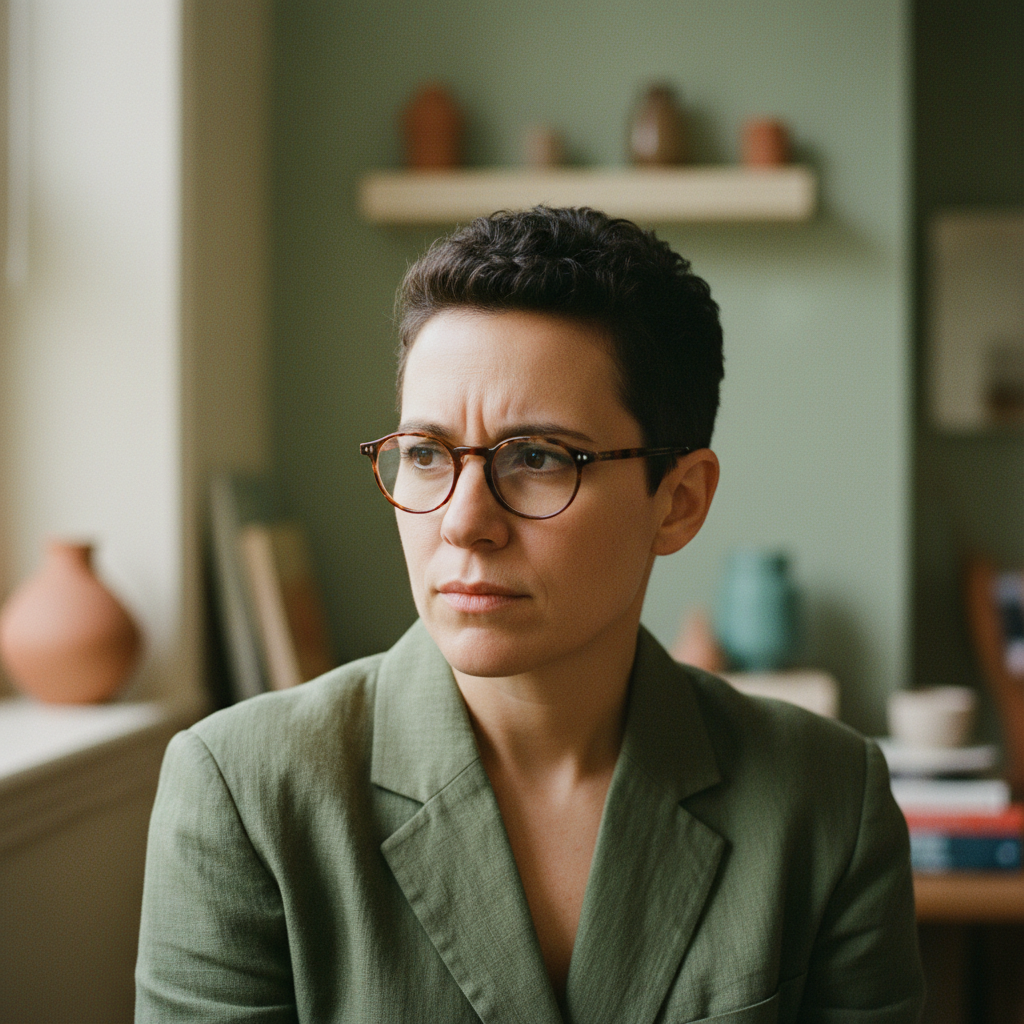 Traveler with round glasses in an olive linen jacket