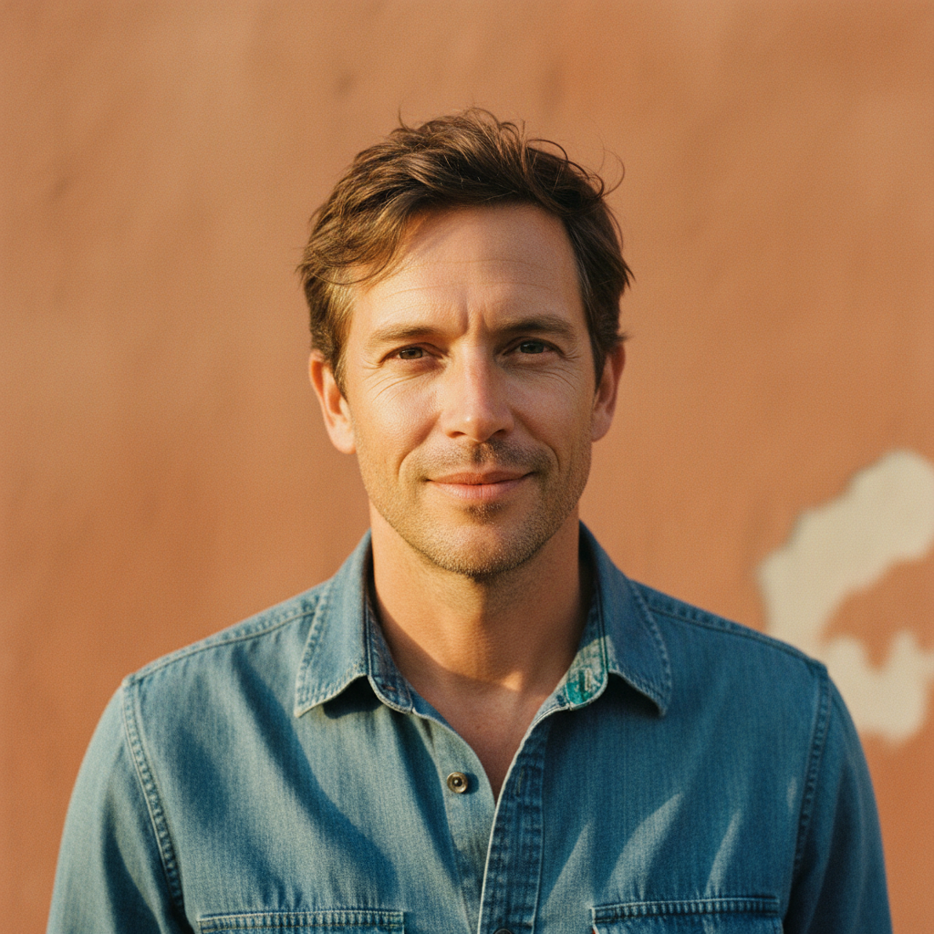 Traveler in a denim shirt against a terracotta wall